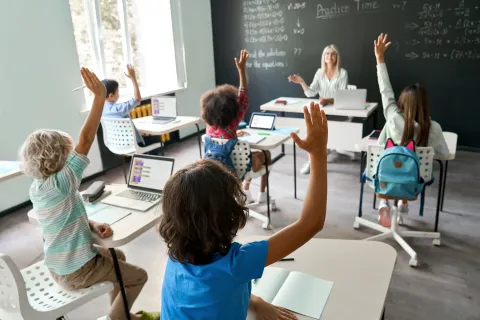 students raising hands in math class