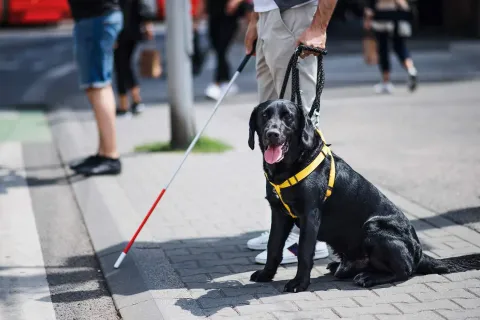 A photo of a black service dog and a sight-impaired individual with a cane.