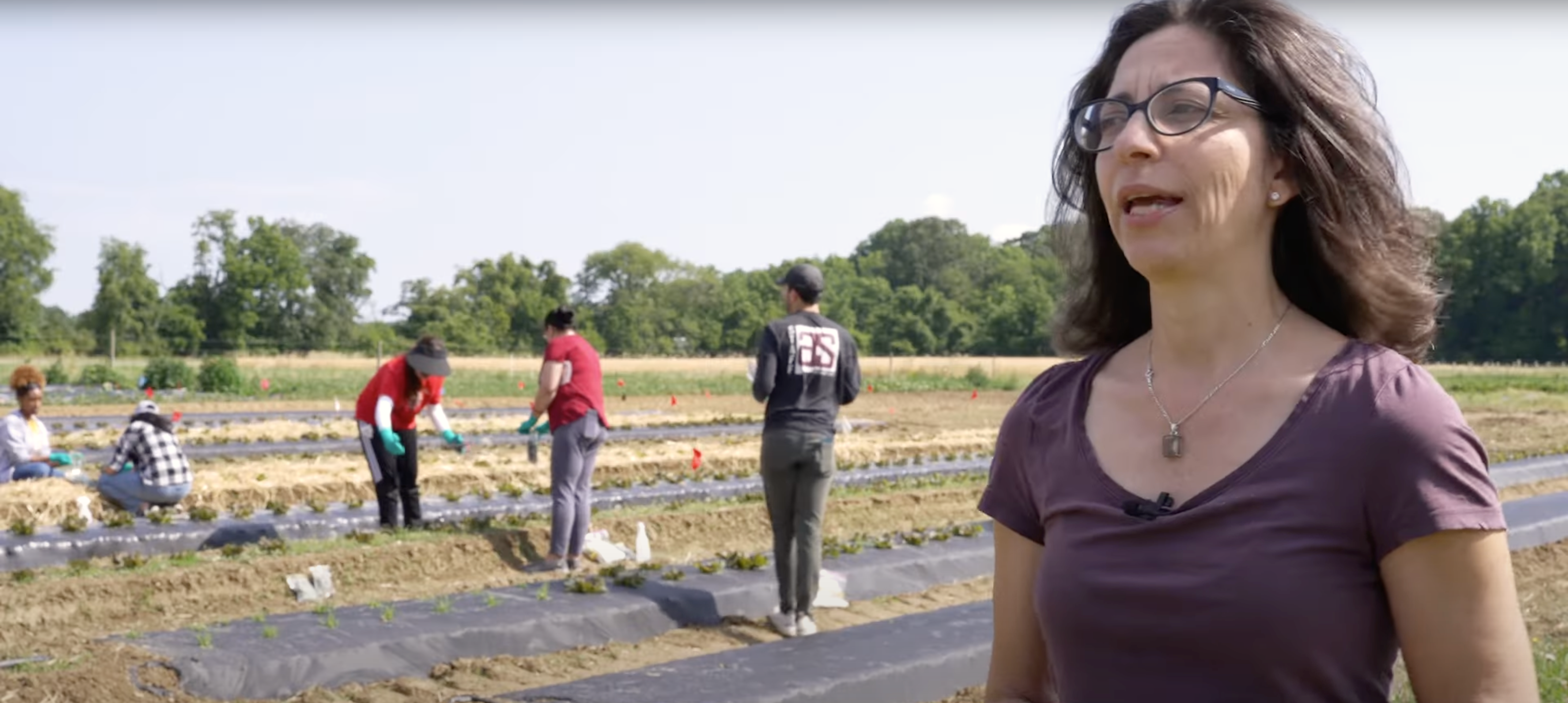 woman talking in front of agriculture field