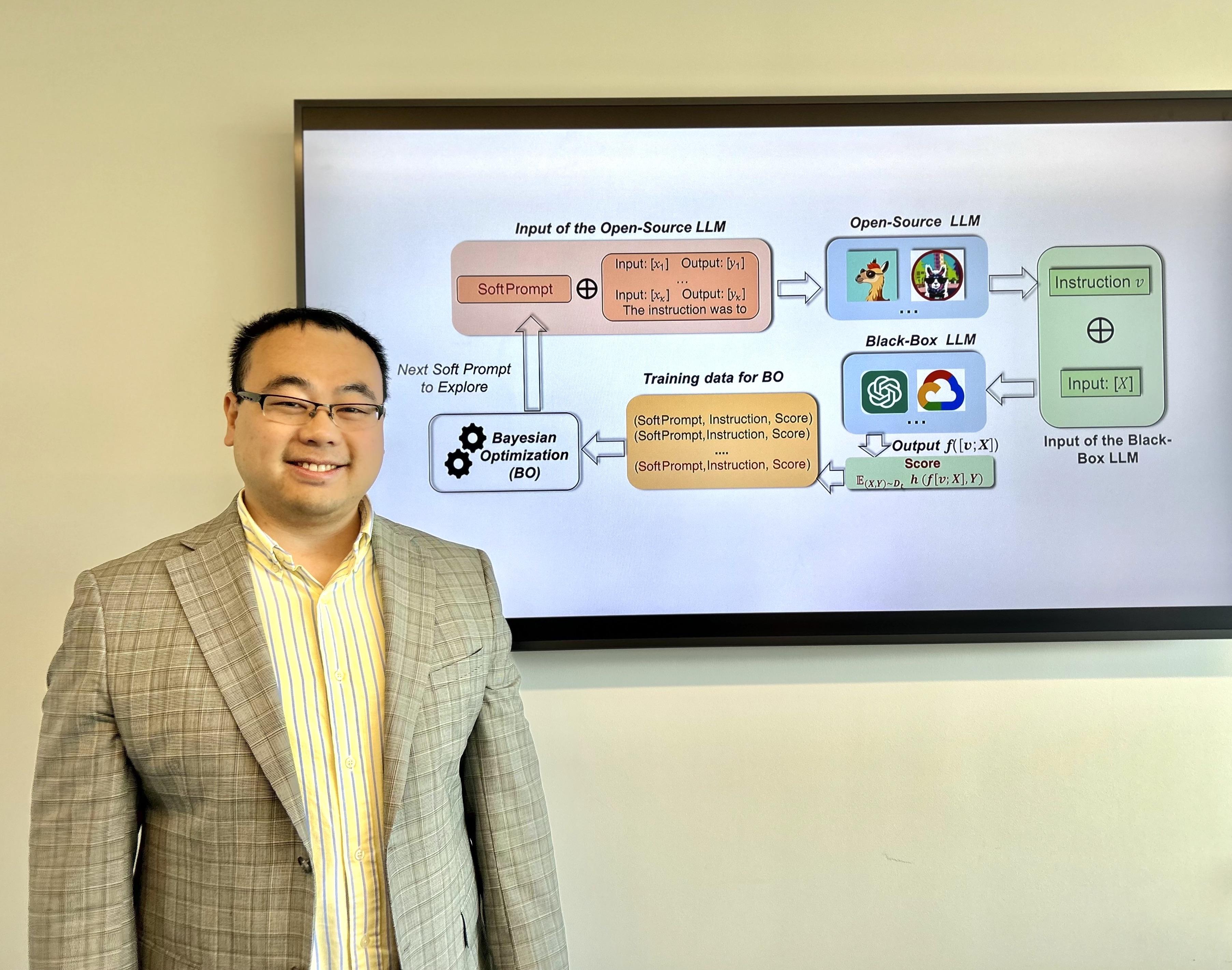 man standing next to research figures