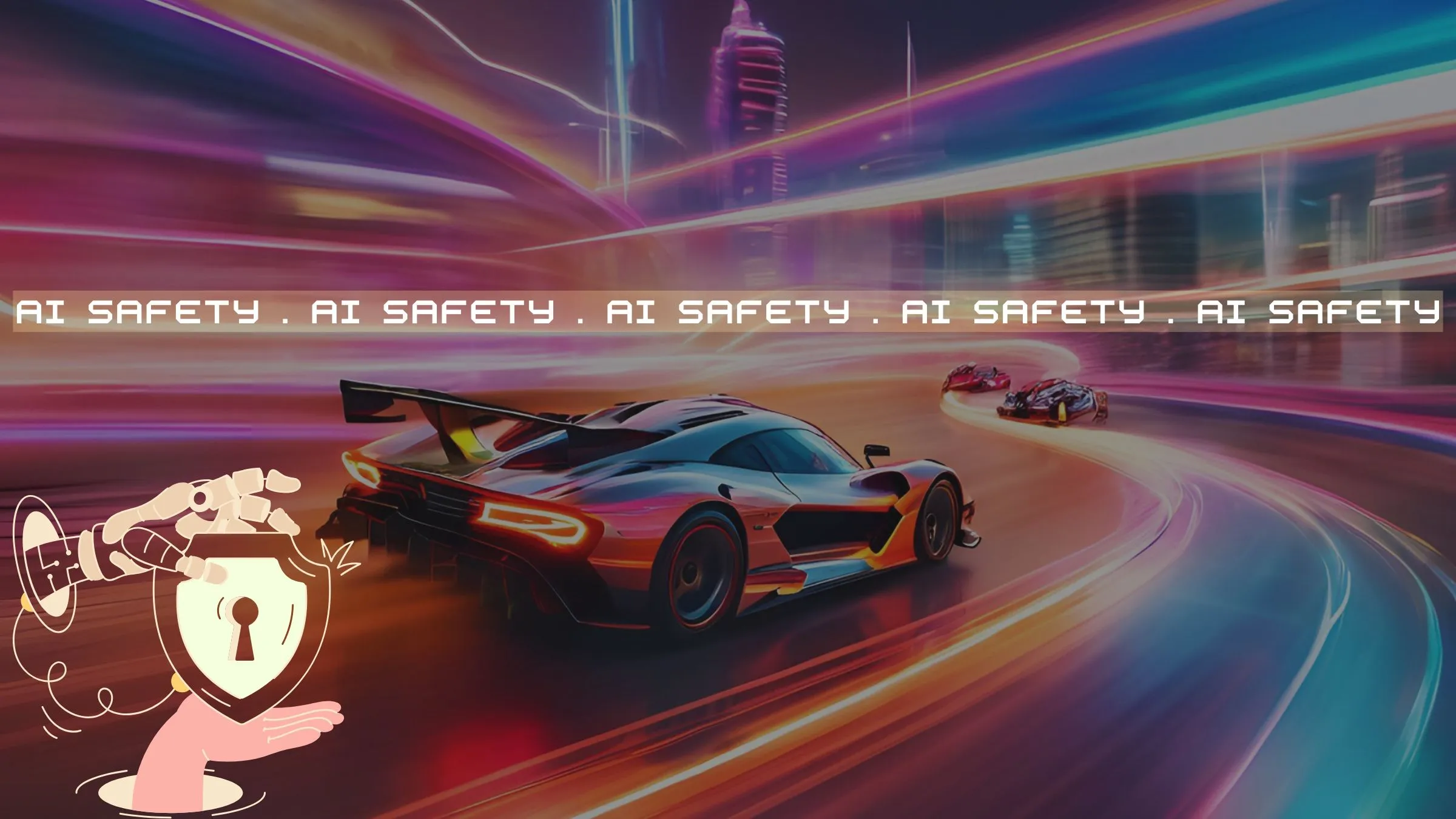 The image features a futuristic racing scene with neon-lit speed trails, high-performance cars, and a digital overlay emphasizing "AI SAFETY" in bold, blocky text, accompanied by a robotic hand holding a security shield symbol.
