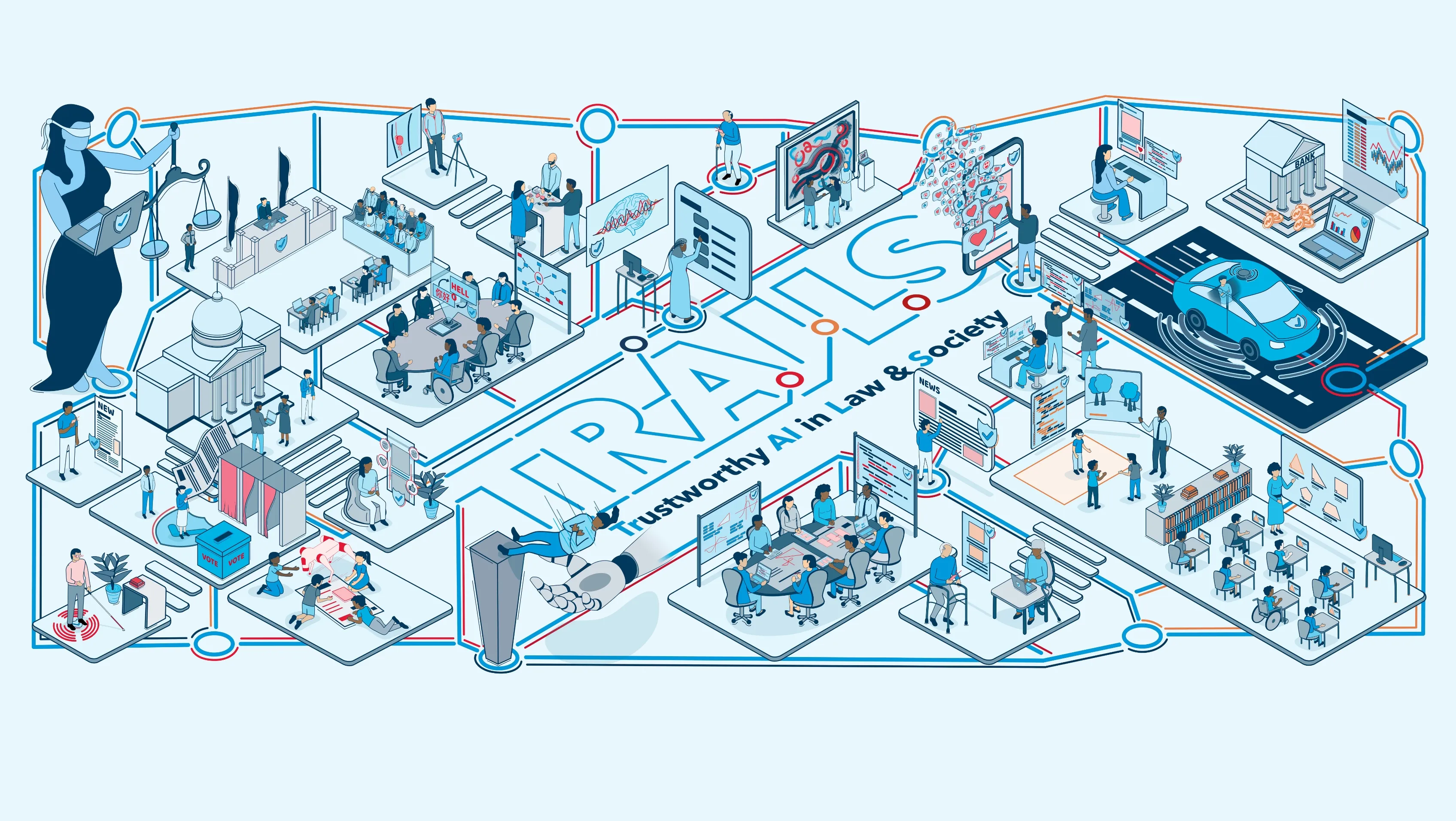 An illustrated overview of the Trustworthy AI in Law & Society (TRAILS) initiative, showing diverse applications of AI in areas like justice, healthcare, education, media, governance, transportation, and civic life.