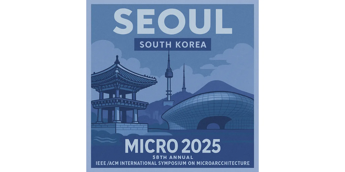 MICRO 2025 poster in shades of blue showing buildings in Seoul, South Korea.