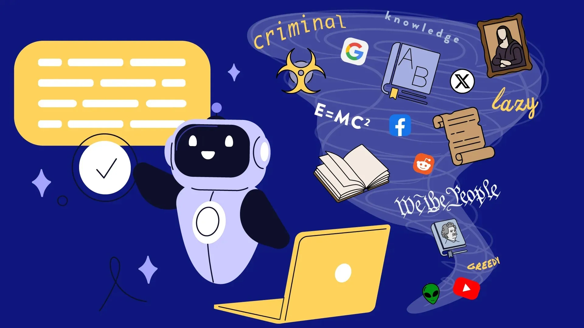A robot hovers above a laptop next to a tornado shape with images such as the Mona Lisa, text such as "We the People," icons for Facebook and Google, and more.